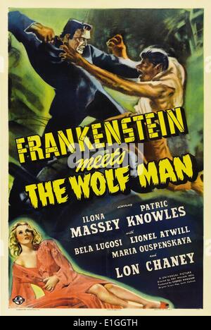 Frankenstein meets The Wolf Man a 1943 American monster Horror Film mit Lon Chaney jr., als der Wolf Mann und Bela Lugosi als Frankensteins Monster. Stockfoto