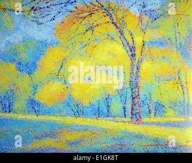 Manuel Rodriguez Sr. Accrylic auf Papier, "gelbe Landschaft" 1992 Stockfoto