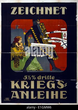 Plakat zeigt ein mittelalterlicher Ritter mit Schild das Österreichische Wappen, Schutz eines kauernden Frau mit ihrem Kind. Schwerter und/oder Hechte, einige gebrochen, an der Ritter hingewiesen. Text: Abonnieren Sie die 5 1/2 % dritten Krieg Darlehen. Stockfoto
