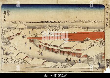 Farbe Holz schneiden Morgen Schnee am Woshiwara von Ando Hiroshige (1797-1858), japanischer Maler. Datiert 1850 Stockfoto