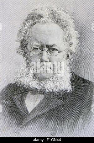Henrik Ibsen (1828-1906), norwegischer Dichter und Dramatiker. Ibsen im Alter von 43, gravieren. Stockfoto