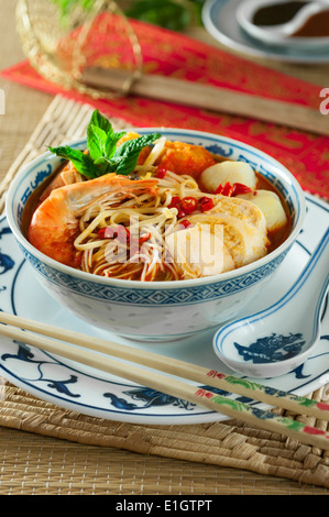 Laksa Lemak. Malay Curry Laksa. Kokos-Curry-Nudel-Suppe. Malaysia-Singapur-Essen Stockfoto