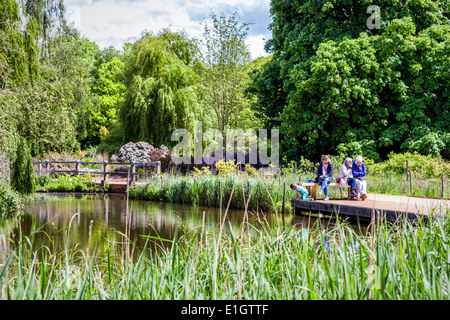 Frau, Kind und zwei ältere Frau sitzen auf Bank am ruhigen Teich zwischen den Bäumen von Isabella Plantation, Richmond Park, London Stockfoto