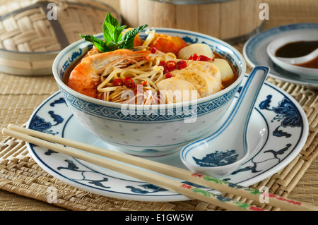 Laksa Lemak. Malay Curry Laksa. Kokos-Curry-Nudel-Suppe. Malaysia-Singapur-Essen Stockfoto