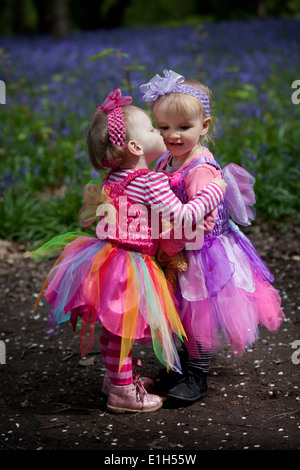 Zwei kleine Mädchen in rosa Fee Kleider in einem englischen Waldgebiet im Frühjahr spielen. Stockfoto