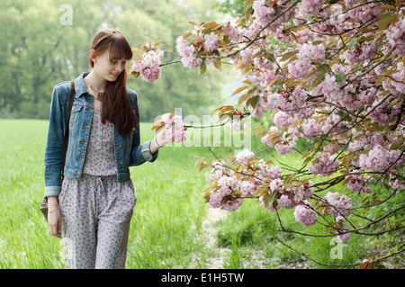 Junge Frau, die einen Spaziergang im Feld berühren Blüten Stockfoto