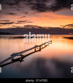 Sonnenuntergang und Pier, Copacabana, Titicacasee, Bolivien Stockfoto