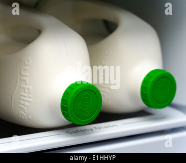 Zwei Kunststoff-Flaschen halb Magermilch auf dem Regal der heimischen Kühlschrank Stockfoto