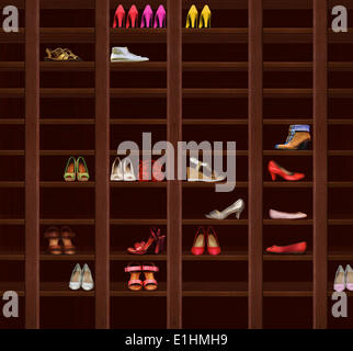 Garderobe. Braune Holz Regale mit Damenschuhe. Mode Stockfoto