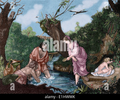 Klassische Mythologie. Leto mit seine Zwillingssöhne Apollo und Artemis. Gravur in der iberischen Abbildung, 1885, gefärbt. Stockfoto