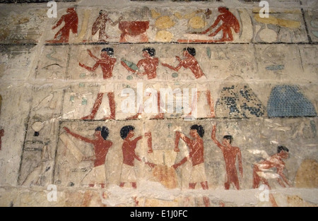 Mastaba des Nefer und Kahay. Polychrome Relief mit landwirtschaftlichen Szenen. 5. Dynastie. Altes Königreich. Sakkara. Ägypten. Stockfoto