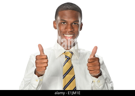 Porträt des afroamerikanischen Geschäftsmann auftauchend Daumen isoliert auf weißem Hintergrund Stockfoto