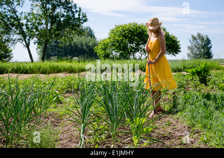 Barfuß Gärtner Frau Mädchen im Kleid und Hut arbeiten mit Hacke zwischen Knoblauch und Erbsen Pflanzen im Garten. Stockfoto