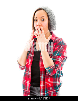 Junge Frau sucht schockiert Stockfoto