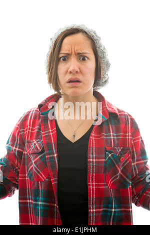 Besorgt Frau weiß nicht, was zu tun ist, isoliert auf weiss Stockfoto