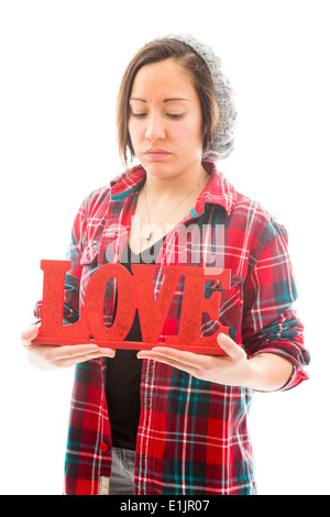 Junge Frau mit Liebe text Stockfoto