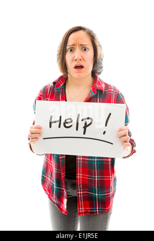 Junge Frau Hilfe Anzeichen Stockfoto