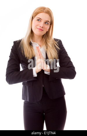 Geschäftsfrau stehend mit Händen trat Stockfoto