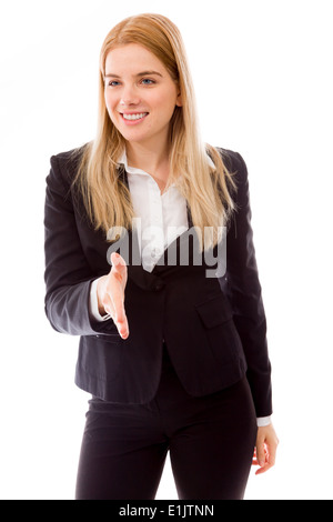 Geschäftsfrau bietet Hand für handshake Stockfoto