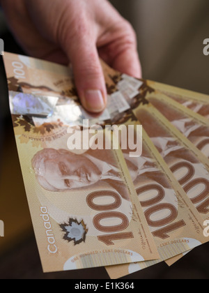 Zeig mir das Geld: 5 kanadische hundert-Dollar-Scheine. Fünf kanadische hundert-Dollar-Scheine verteilt wie eine Hand von Karten. Stockfoto