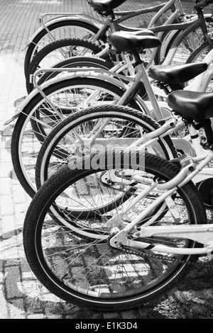 Leihfahrräder stehen hintereinander auf einem Parkplatz Stockfoto