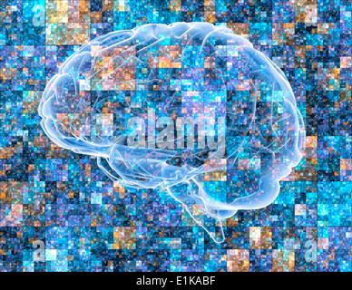 Konzeptionelle Computer Kunstwerk des Gehirns über eine pixelige Hintergrund Dies könnte Alzheimer-Krankheit Verwirrung Zustand darstellen Stockfoto