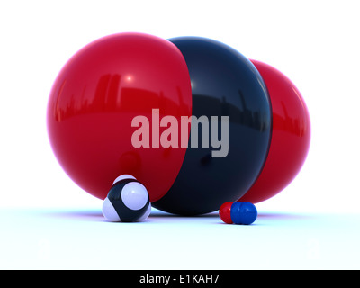 Molekulare Struktur von Kohlendioxid (hinten) Methan (vorne links) und Lachgas (im Vordergrund rechts) Computer Grafik. Stockfoto