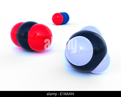 Molekulare Strukturen der Gewächshäuser Gase Kohlendioxid (links) Lachgas (rechts oben) und Methan (unten rechts) Stockfoto