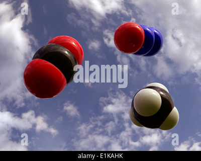 Molekulare Strukturen des Treibhaus Gase Kohlendioxid (links) Lachgas (rechts oben) und Methan (unten rechts) Stockfoto
