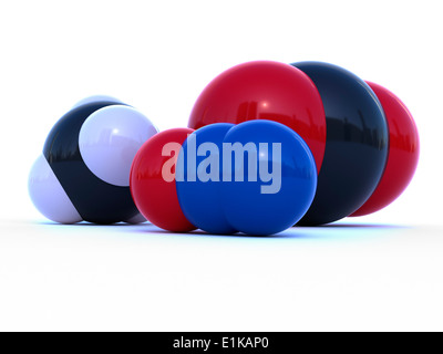 Molekulare Struktur der Treibhausgase Kohlendioxid (rechts) Methan (links) und Lachgas (Mitte) Computer Grafik. Stockfoto