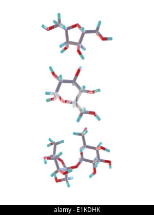 Fruktose-Glukose und Saccharose molekulare Modelle (von oben nach unten) Atome als Stäbe dargestellt werden und sind farblich gekennzeichnet: Carbon Stockfoto