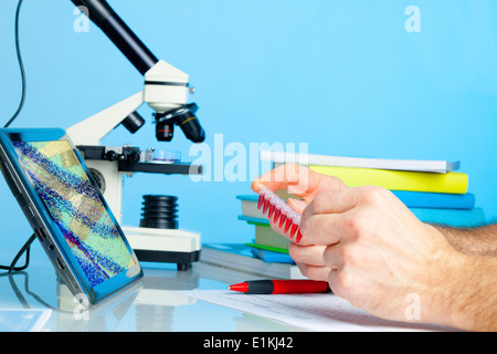 Labortechniker halten Mikroröhrchen mit Blutproben. Stockfoto
