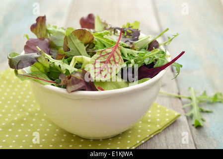 Salat mit Rucola, Frisee, Radicchio und Feldsalat in weiße Schüssel auf hölzernen Hintergrund mischen Stockfoto