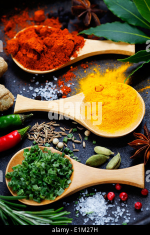 Gewürze und Kräuter. Essen und Küche Zutaten. Stockfoto