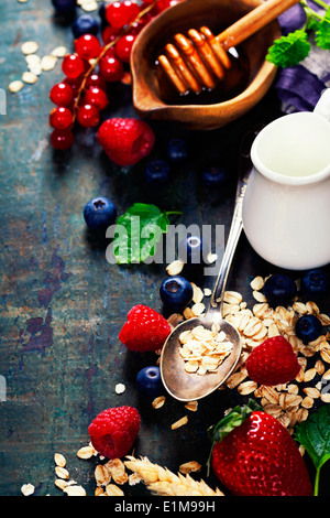 Gesunde Breakfast.Oat Flocke, Beeren und frische Milch. Gesundheit und Ernährung-Konzept Stockfoto