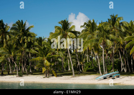 Aitutaki. Cook Island. Polynesien. Süd-Pazifik. Einige Kajaks erwarten Touristen am Strand in Aitutaki Lagoon Resort & Spa H Stockfoto