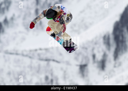 Jamie Anderson (USA)-Olympia-Sieger im Wettbewerb mit Damen Snowboard Slopestyle auf die Olympischen Winterspiele Sotschi 2014 Stockfoto