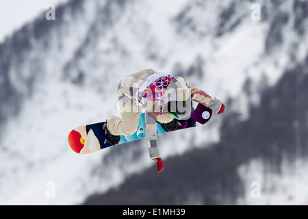 Jamie Anderson (USA)-Olympia-Sieger im Wettbewerb mit Damen Snowboard Slopestyle auf die Olympischen Winterspiele Sotschi 2014 Stockfoto