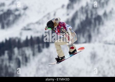 Jamie Anderson (USA)-Olympia-Sieger im Wettbewerb mit Damen Snowboard Slopestyle auf die Olympischen Winterspiele Sotschi 2014 Stockfoto