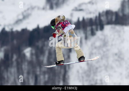 Jamie Anderson (USA)-Olympia-Sieger im Wettbewerb mit Damen Snowboard Slopestyle auf die Olympischen Winterspiele Sotschi 2014 Stockfoto