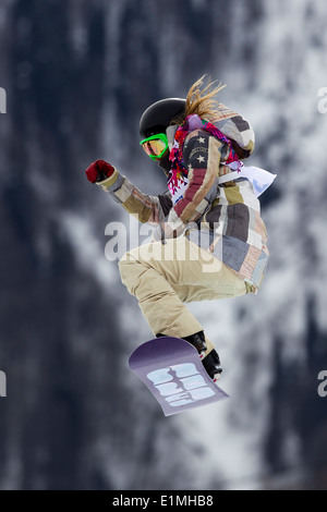 Jamie Anderson (USA)-Olympia-Sieger im Wettbewerb mit Damen Snowboard Slopestyle auf die Olympischen Winterspiele Sotschi 2014 Stockfoto