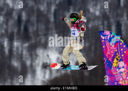 Jamie Anderson (USA)-Olympia-Sieger im Wettbewerb mit Damen Snowboard Slopestyle auf die Olympischen Winterspiele Sotschi 2014 Stockfoto