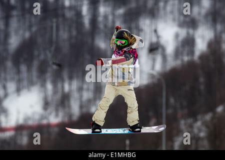 Jamie Anderson (USA)-Olympia-Sieger im Wettbewerb mit Damen Snowboard Slopestyle auf die Olympischen Winterspiele Sotschi 2014 Stockfoto