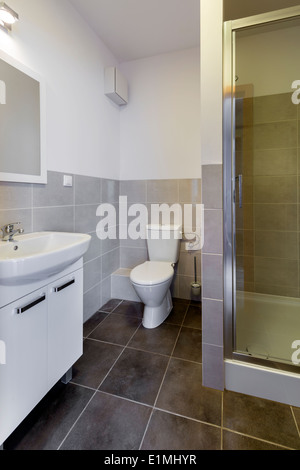 Ecke des modernen Beige-weiß gefliestes Badezimmer Stockfoto, Bild