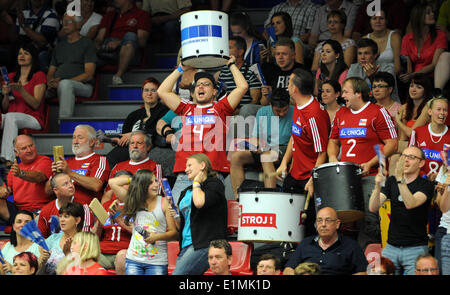 Ceske Budejovice, Tschechische Republik. 6. Juni 2014. Tschechischen Fans während des Spiels der Gruppe E der Volleyball World League Tschechien Vs Korea in Ceske Budejovice, Tschechische Republik, 6. Juni 2014 abgebildet. © Vaclav Pancer/CTK Foto/Alamy Live-Nachrichten Stockfoto