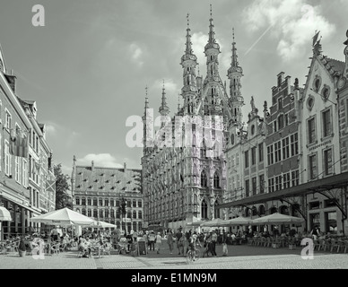 LEUVEN, Belgien - 3. September 2013: Gotische Rathaus und Quadrat aus Nordwesten. Stockfoto