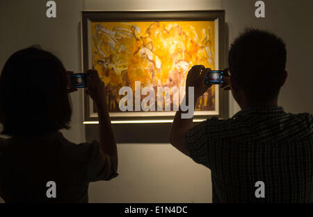 Ningbo, China Zhejiang Provinz. 7. Juni 2014. Zwei Besucher fotografieren ein Ölgemälde auf die zeitgenössische Mittel- und Osteuropa (CEE) Fine Art Exhibition in Ningbo Museum of Art in Ningbo der ostchinesischen Provinz Zhejiang, 7. Juni 2014. Eröffnung am Samstag im Rahmen der 2014 China Ningbo-MOEL wirtschaftlichen & Exchange Kulturwoche, zeigt die fünf-Tage-Ausstellung Gemälde aus 11 CEE-Ländern wie Rumänien, Ungarn und der Tschechischen Republik. © Han Chuanhao/Xinhua/Alamy Live-Nachrichten Stockfoto