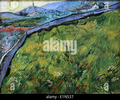Eingeschlossenes Weizenfeld mit aufgehender Sonne. Ende Mai (1889) Meistergemälde von Vincent van Gogh. (1853-1890) Stockfoto