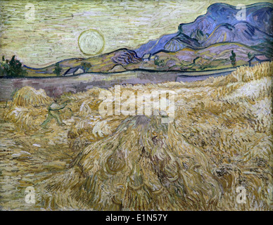 Weizenfeld mit Schnitter und Sonne.spät (1889) Meisterbild von Vincent van Gogh (1853-1890) Stockfoto