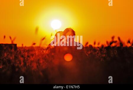 Berlin, Deutschland. 6. Juni 2014. Eine Frau und ein Mann sitzt in der untergehenden Sonne in Berlin, Deutschland, 6. Juni 2014. Foto: PAUL ZINKEN/Dpa/Alamy Live News Stockfoto